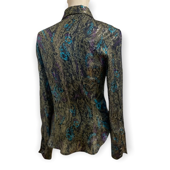 NWT True Royal Button Down Silk Top, Sz XS - Picture 3 of 8
